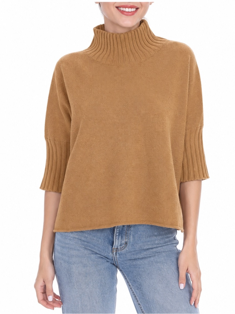NWT Rain + Rose Camel Mock Neck Boxy Elbow Sleeve Sweater Top Small